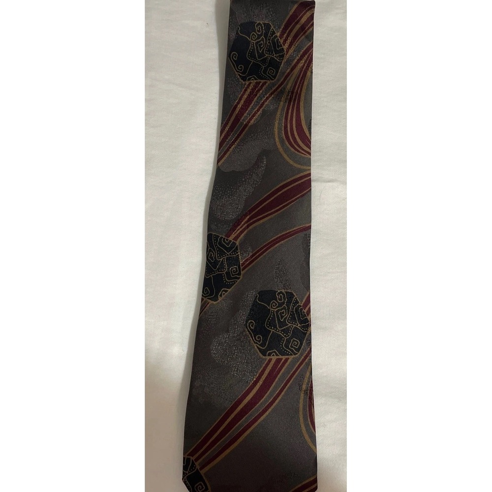 Erreuno Italian Gray Abstract Pattern Tie Burgundy Gold Classy Silk